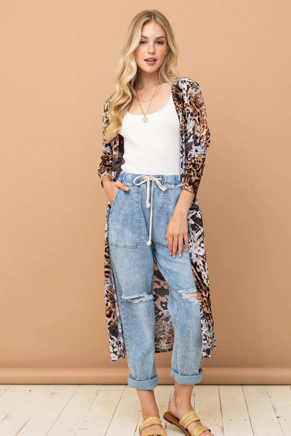 And The Why Leopard Kimono Open Front Longline Cardigan Carauana Store