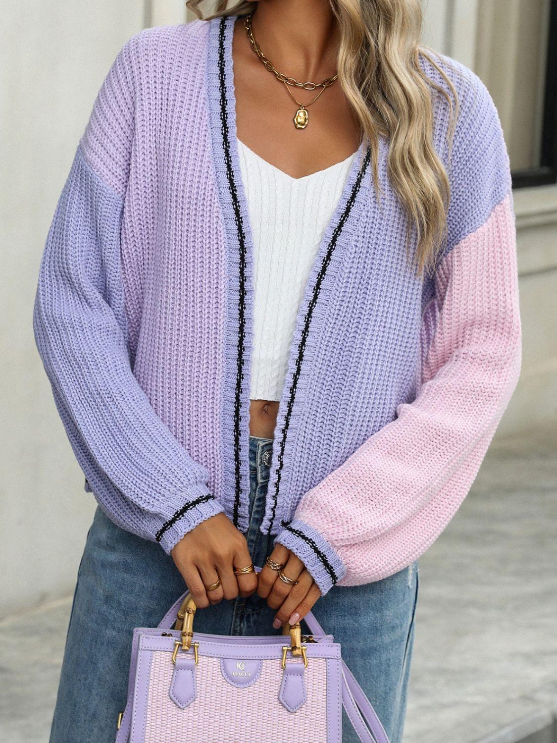 Contrast Open Front Long Sleeve Cardigan Carauana Store