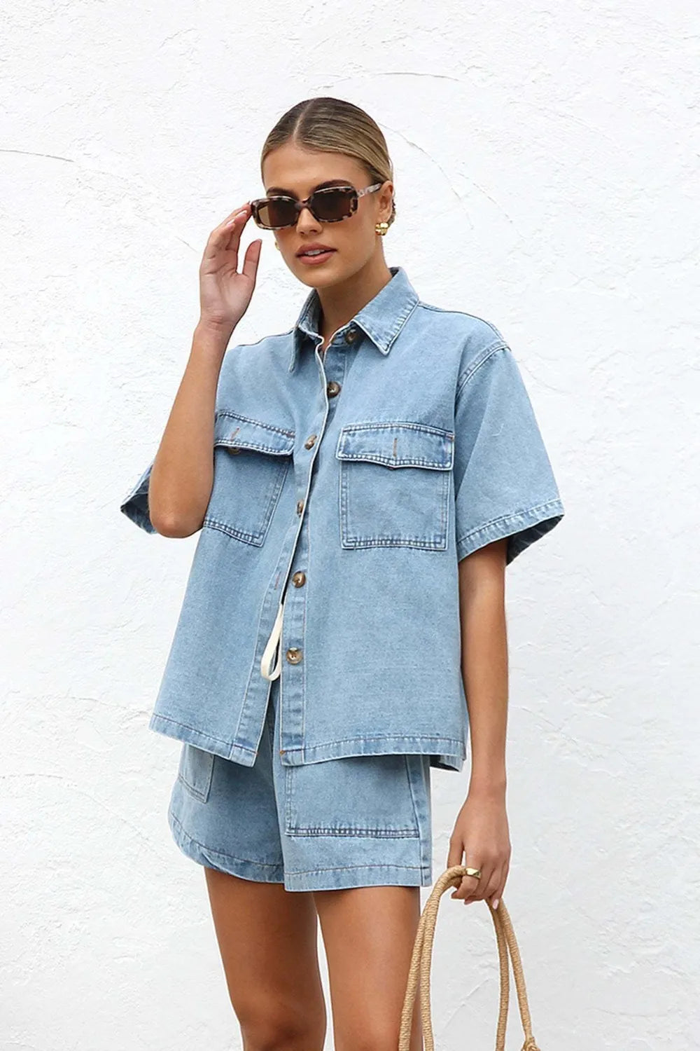 Collared Neck Button Up Top and Shorts Denim Set Carauana Store