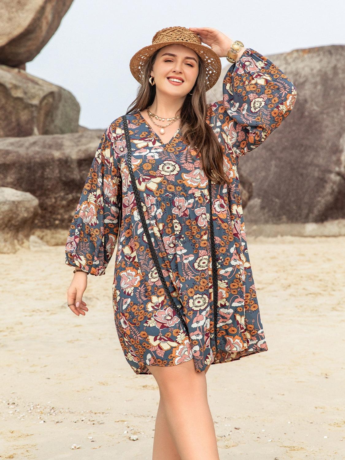 Plus Size Printed V-Neck Balloon Sleeve Mini Dress Carauana Store