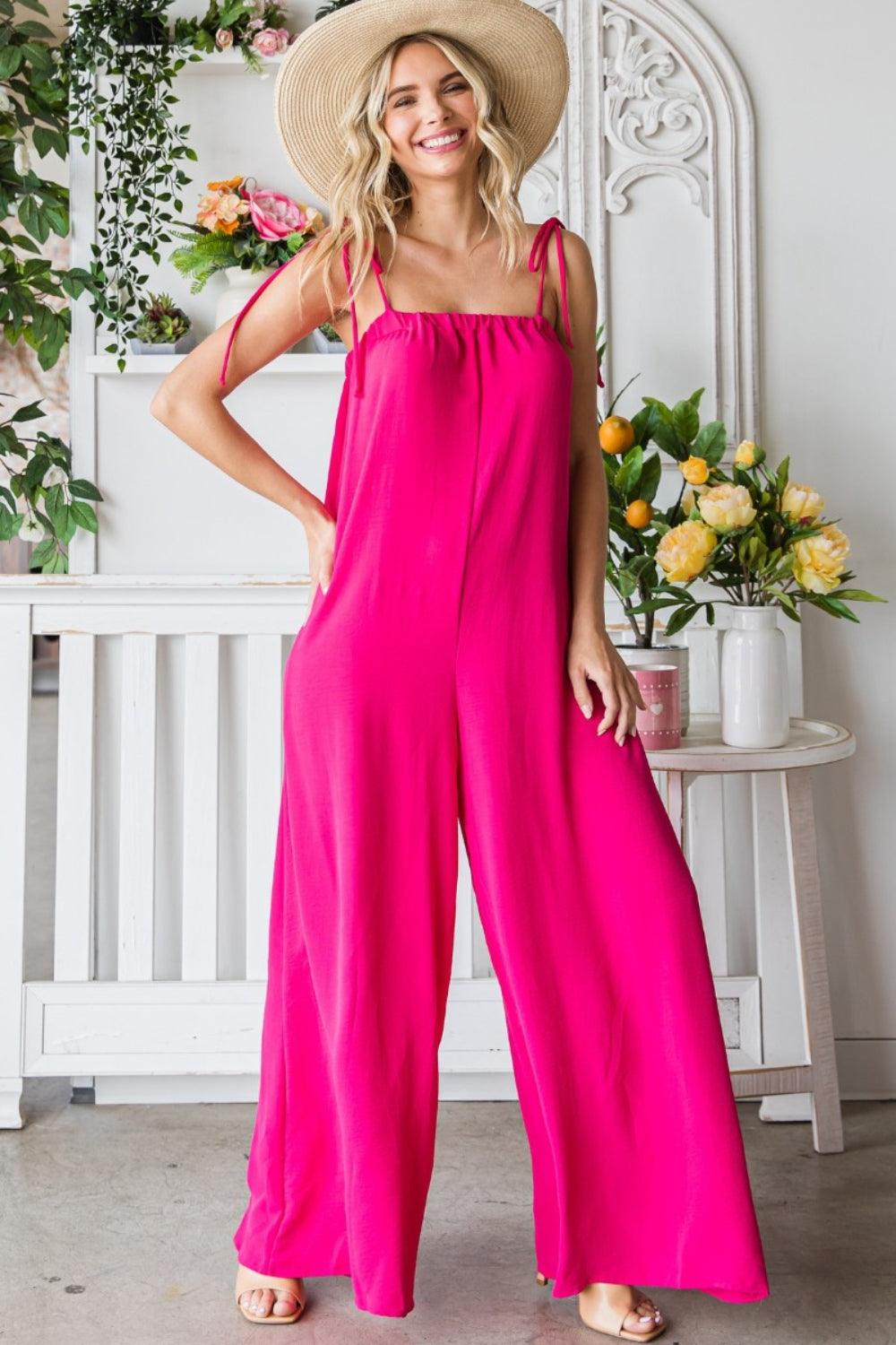 Veveret Pocketed Spaghetti Strap Wide Leg Jumpsuit Carauana Store