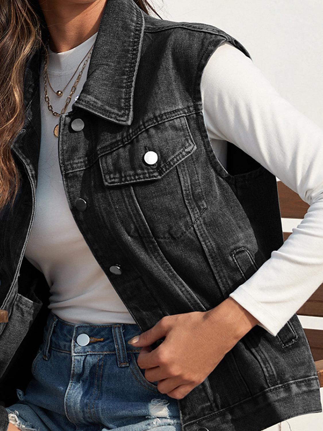 Collared Neck Sleeveless Denim Jacket Carauana Store