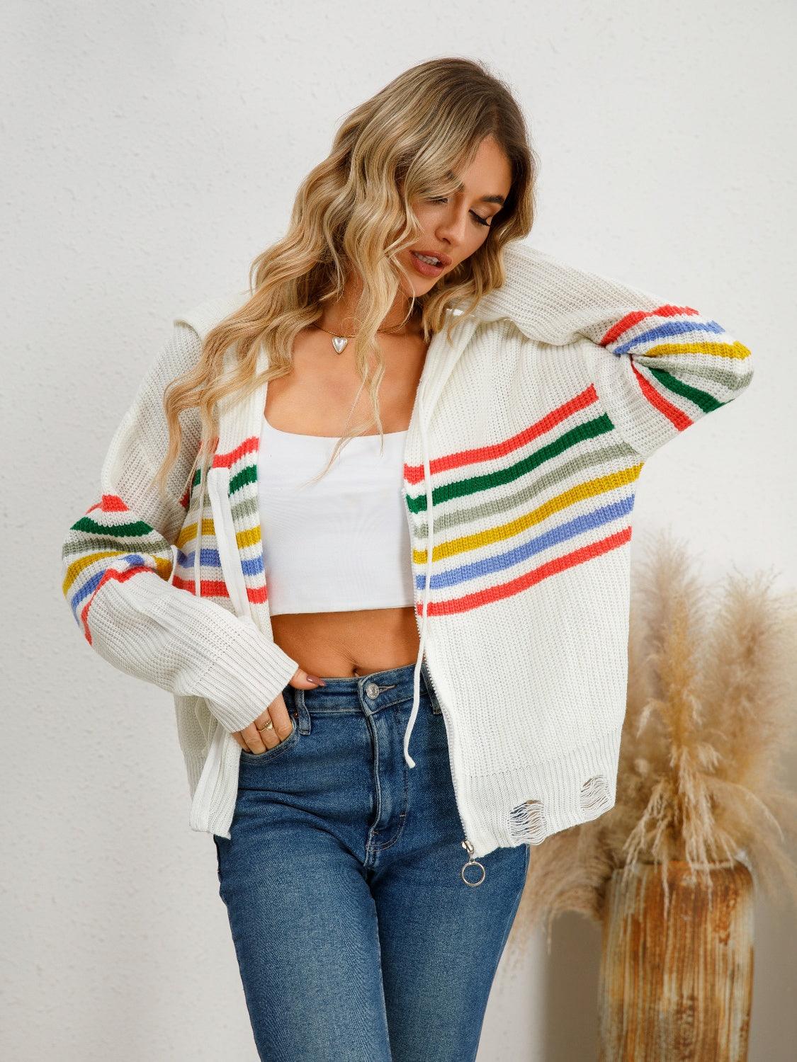 Drawstring Striped Dropped Shoulder Hooded Cardigan Carauana Store
