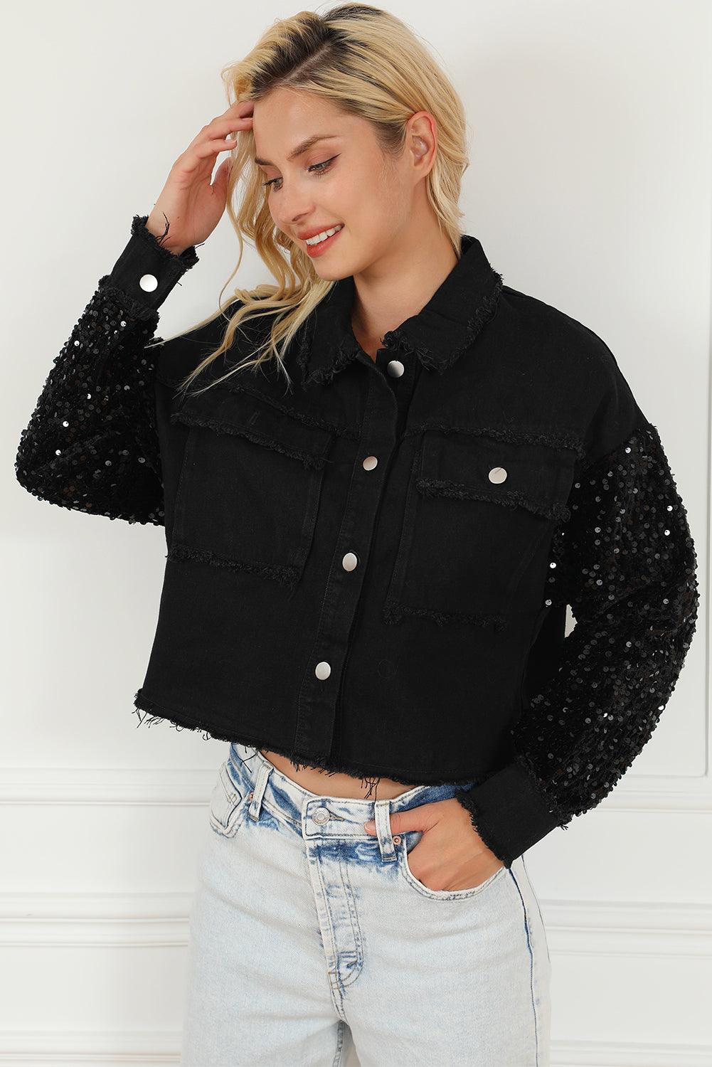 Sequin Button Up Raw Hem Denim Jacket Carauana Store