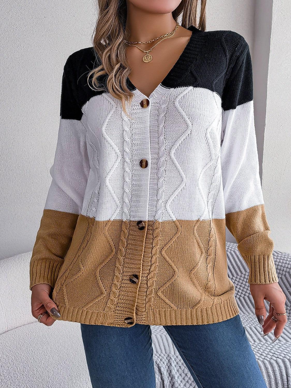 Cable-Knit Striped Button Up Cardigan Carauana Store