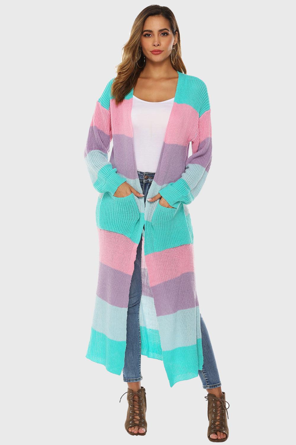 Color Block Long Sleeve Pocketed Cardigan Carauana Store