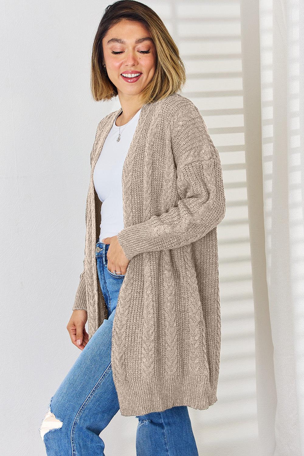 Cable-Knit Open Front Dropped Shoulder Cardigan Carauana Store