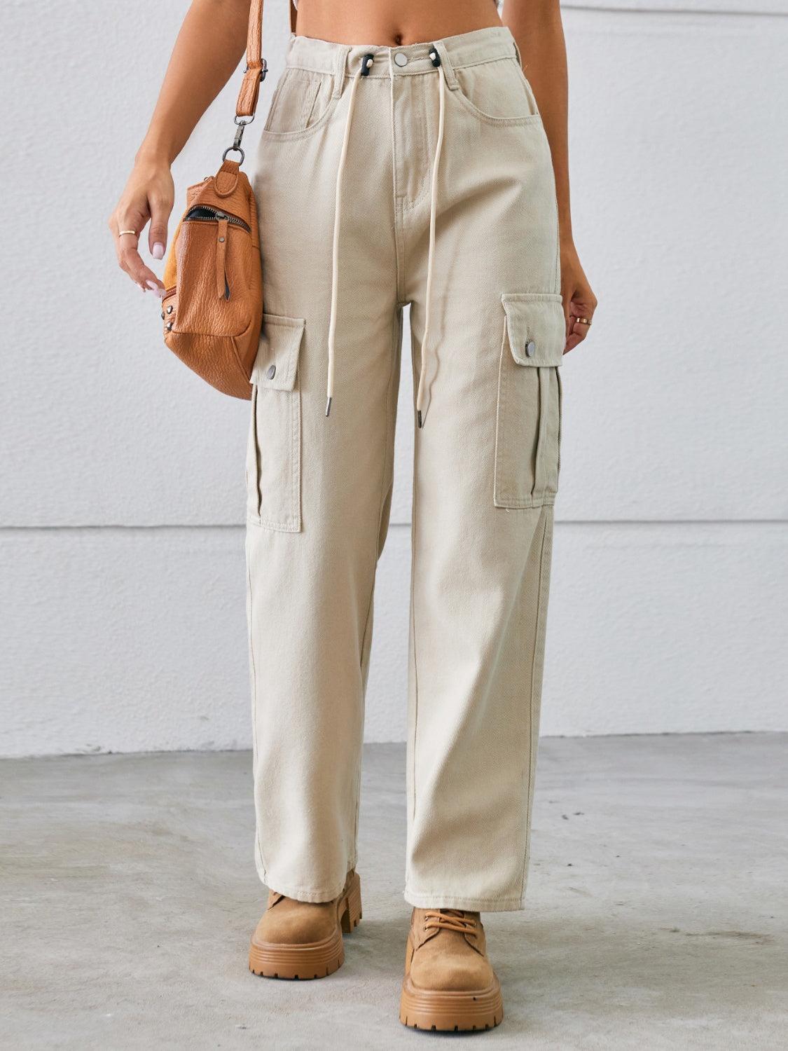 Drawstring Mid-Rise Waist Straight Cargo Jeans Carauana Store