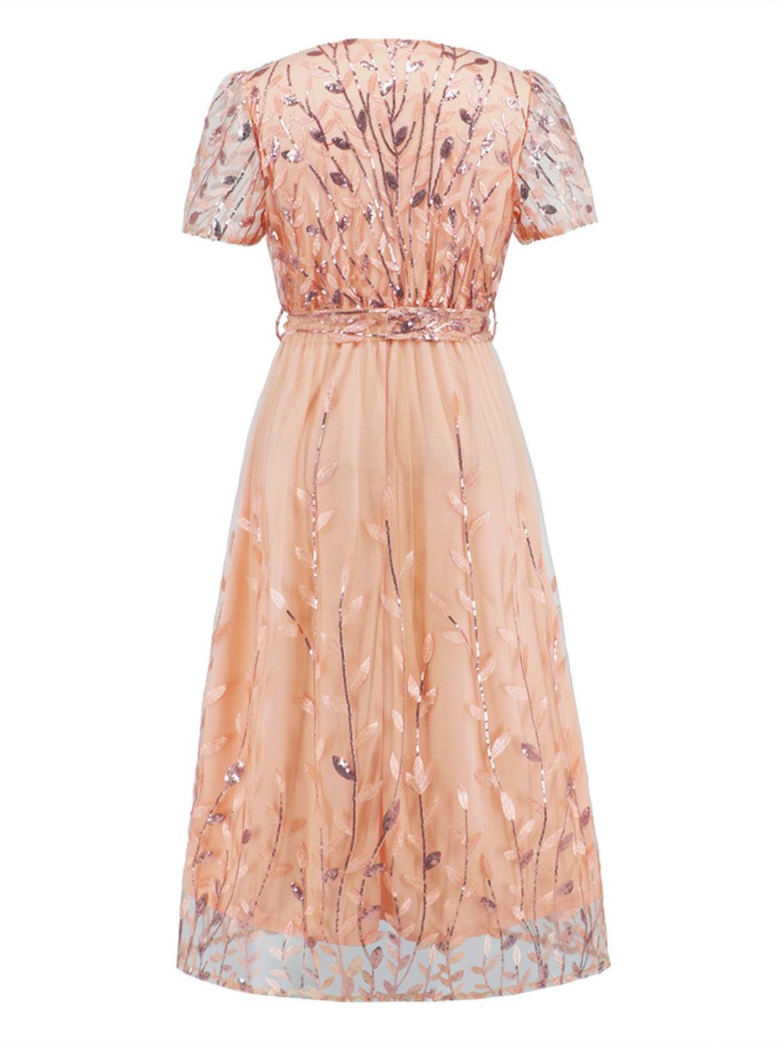 Sequin Leaf Embroidery Tie Front Short Sleeve Dress Carauana Store