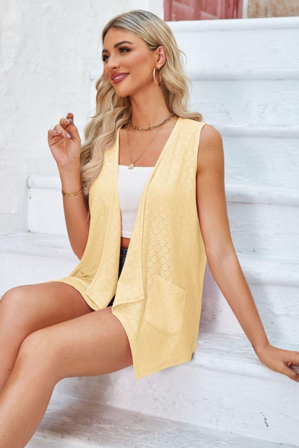 Eyelet Open Front Sleeveless Cardigan Carauana Store