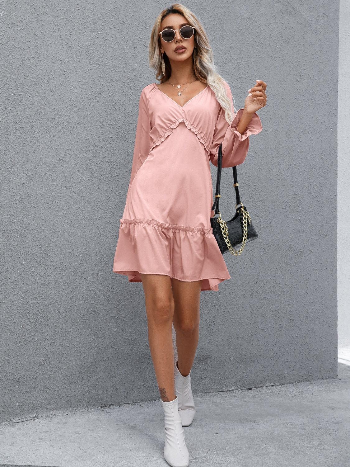 Frill V-Neck Flounce Sleeve Ruffle Hem Dress Carauana Store