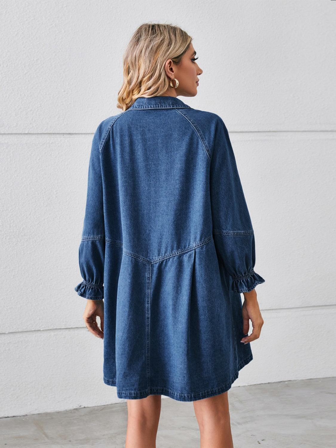 Button Up Flounce Sleeve Mini Denim Dress Carauana Store