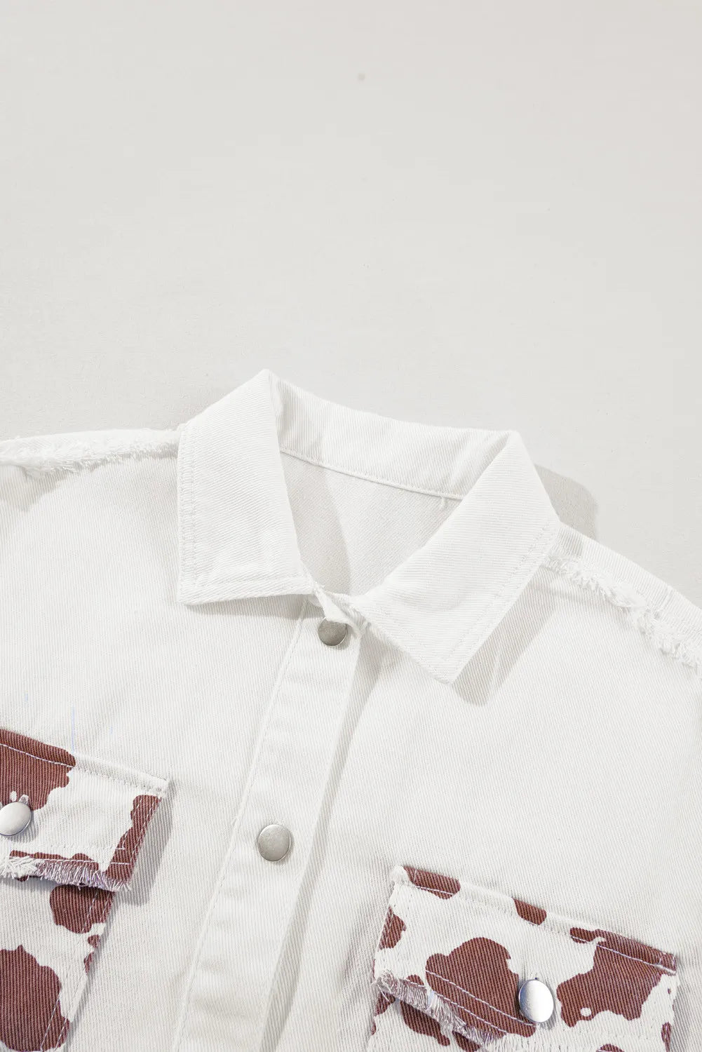 Raw Hem Animal Print Long Sleeve Denim Jacket Carauana Store