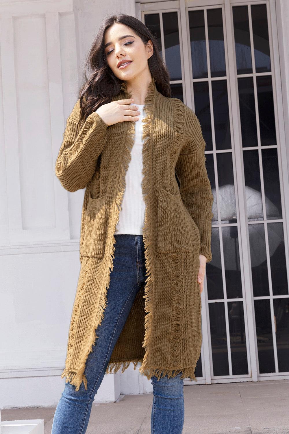 Fringe Trim Open Front Cardigan with Pockets Carauana Store