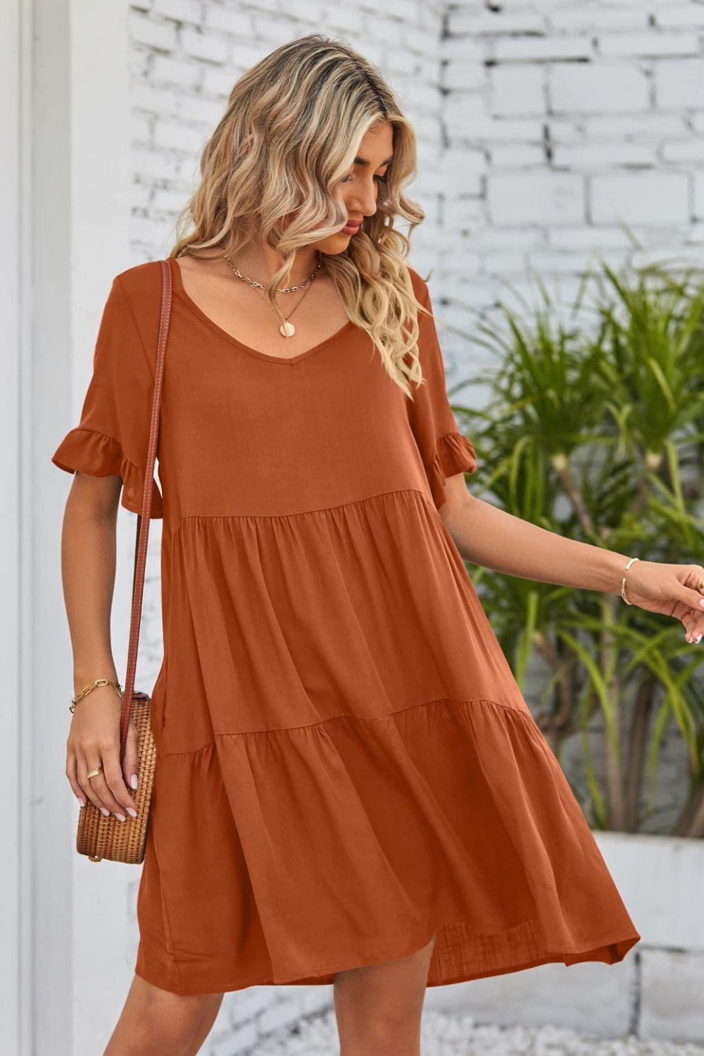 V-Neck Flounce Sleeve Tiered Dress Carauana Store