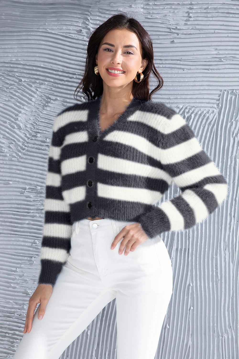 Striped Button Up Cropped Cardigan Carauana Store