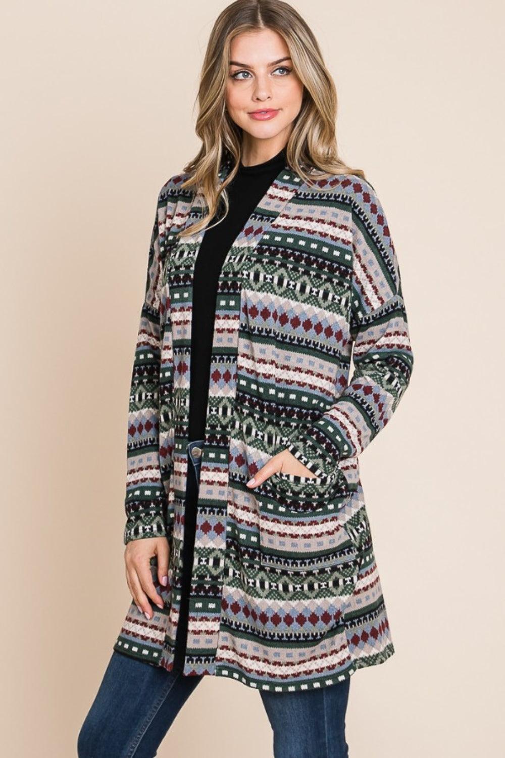 BOMBOM Geometric Open Front Long Sleeve Cardigan with Pockets Carauana Store