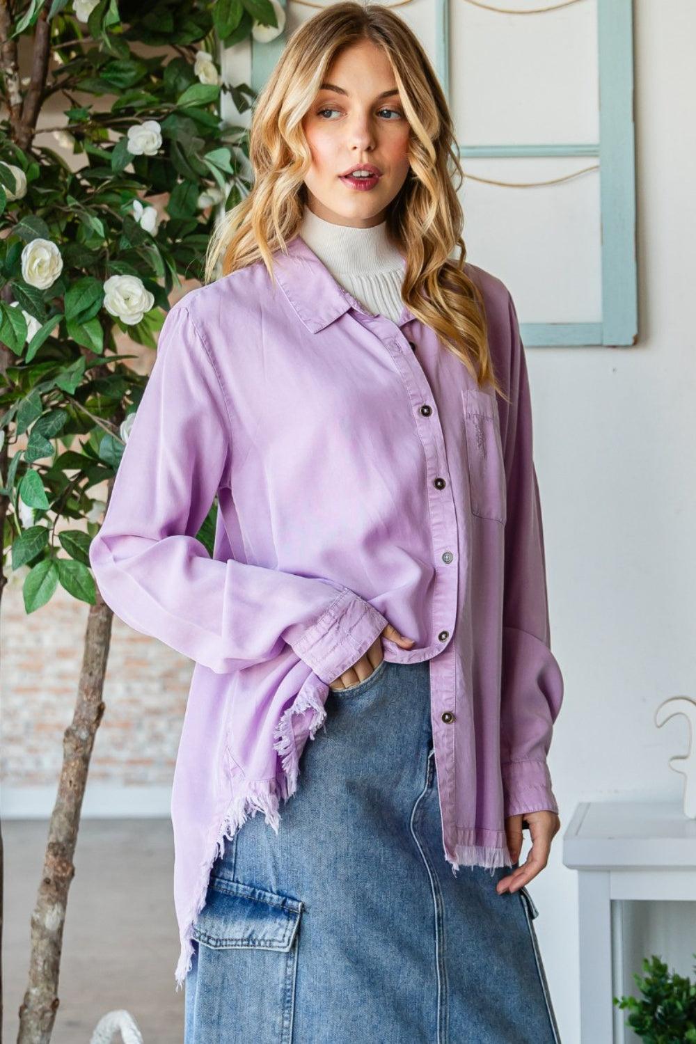 Veveret Raw Hem Button Up Long Sleeve Shirt Carauana Store