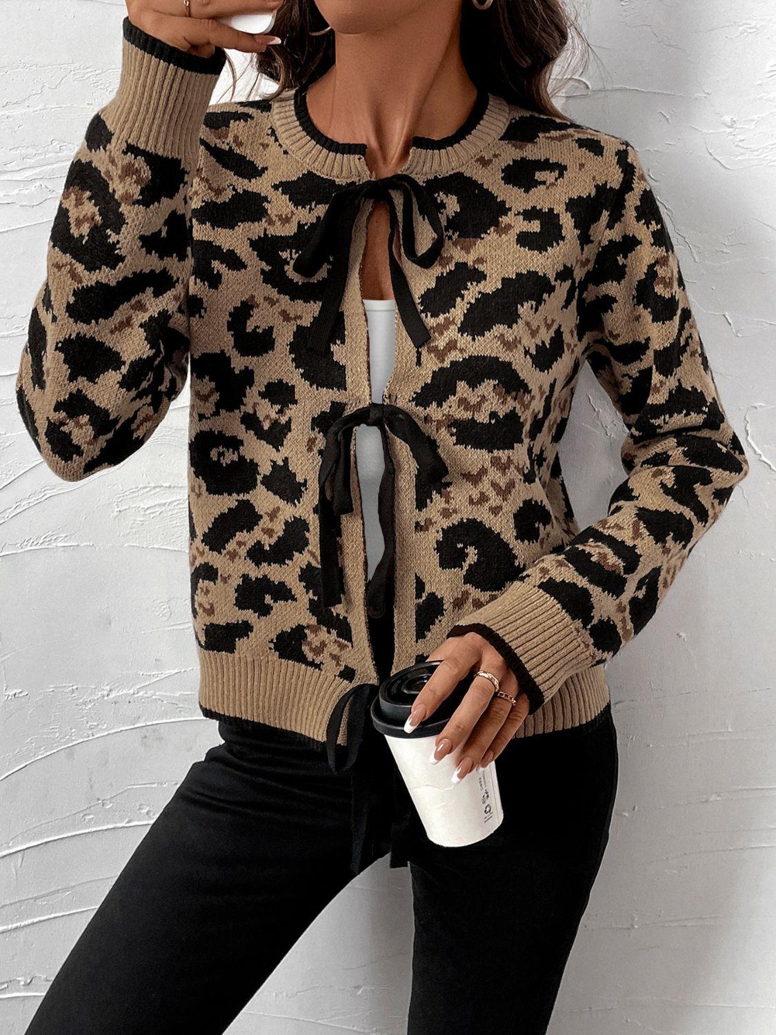Perfee Tied Leopard Long Sleeve Cardigan Carauana Store