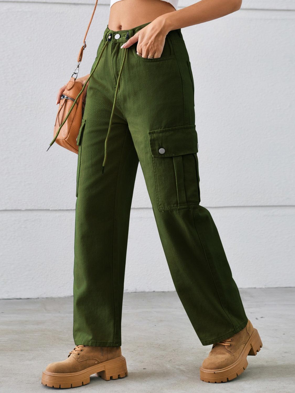 Drawstring Mid-Rise Waist Straight Cargo Jeans Carauana Store