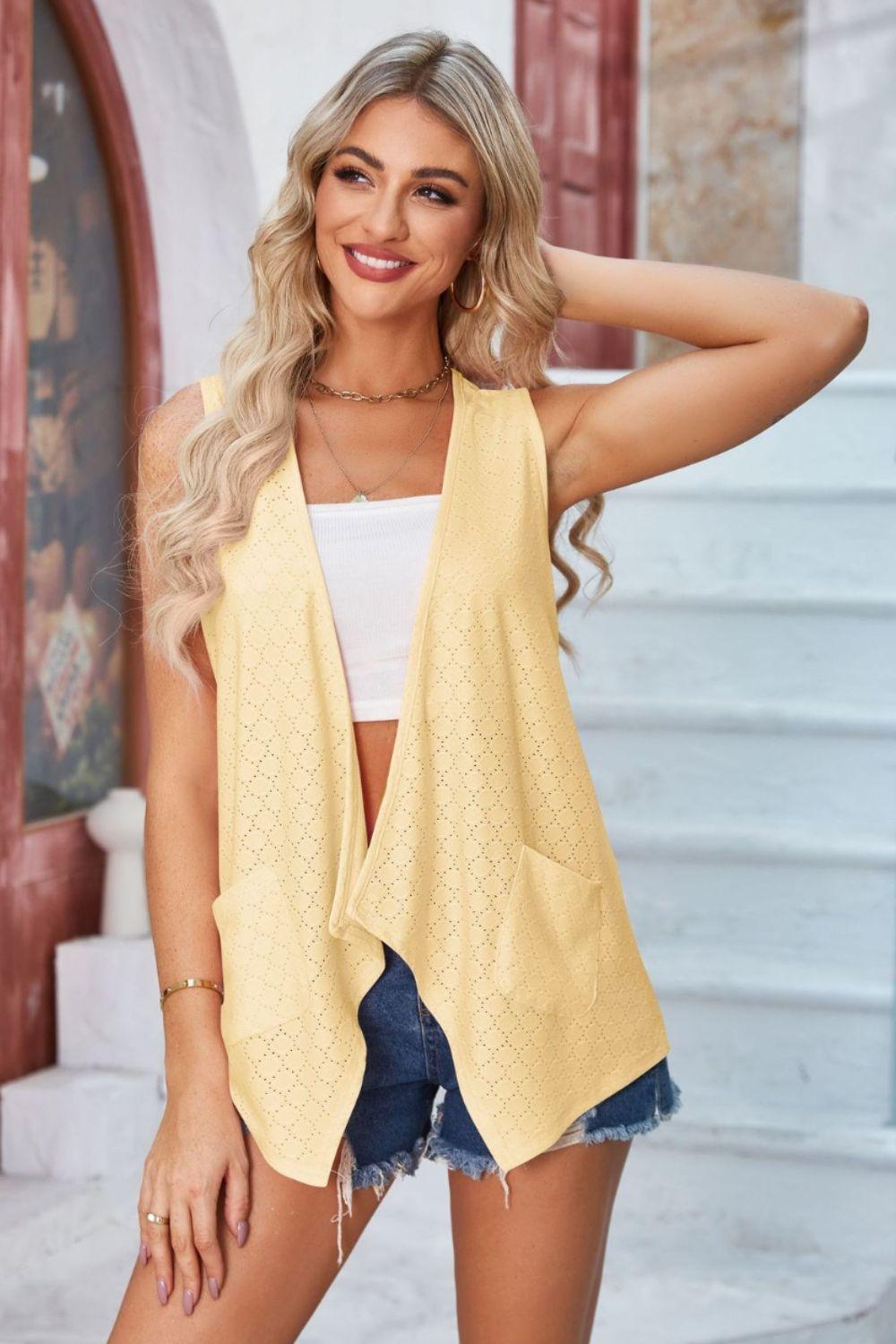 Eyelet Open Front Sleeveless Cardigan Carauana Store