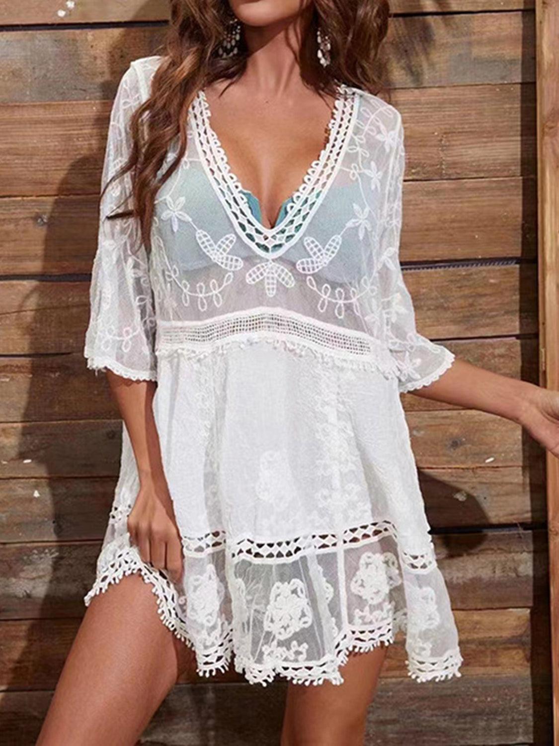 Lace Detail Plunge Cover-Up Dress Carauana Store
