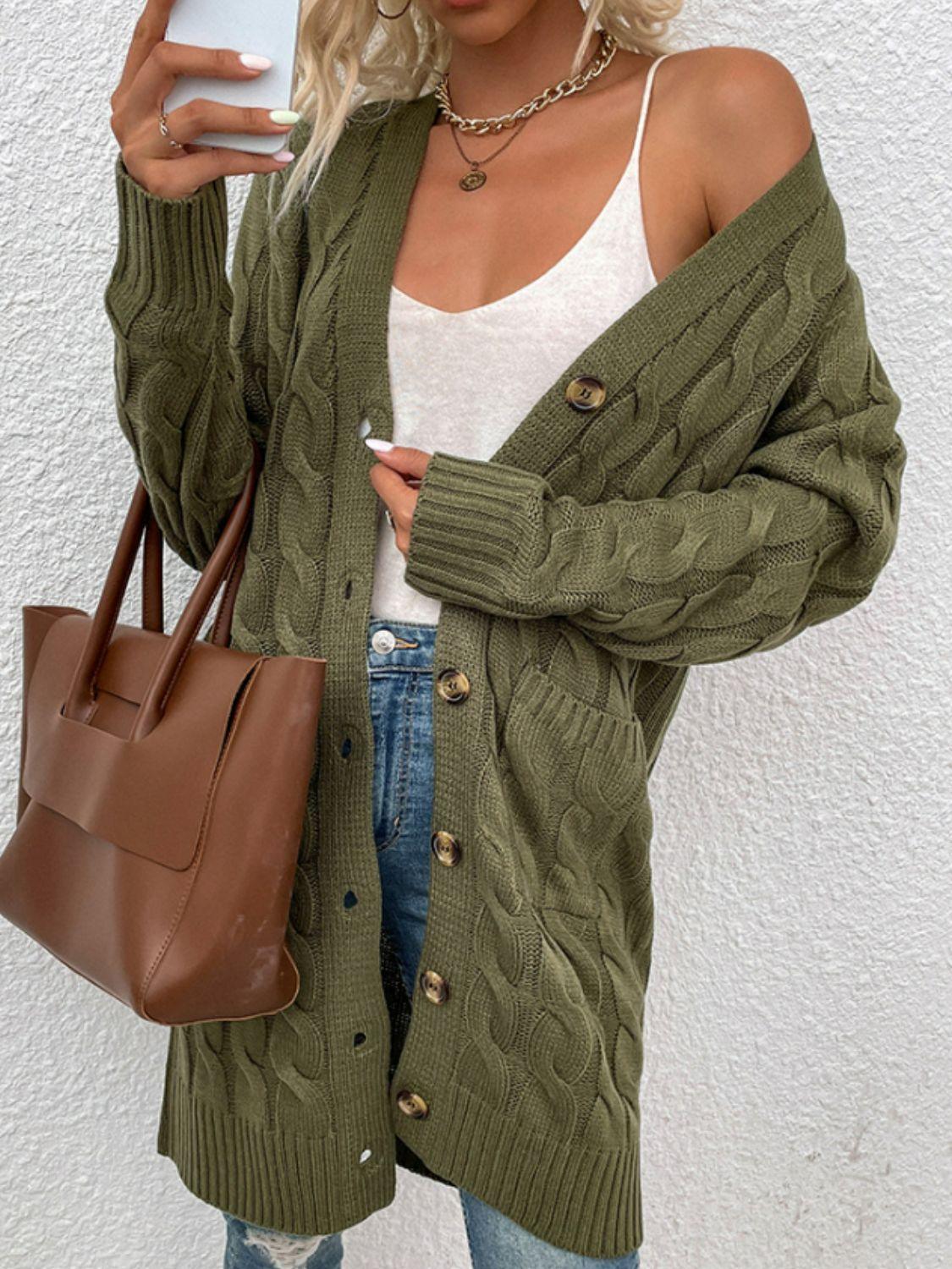 Cable-Knit Button Down Cardigan with Pockets Carauana Store