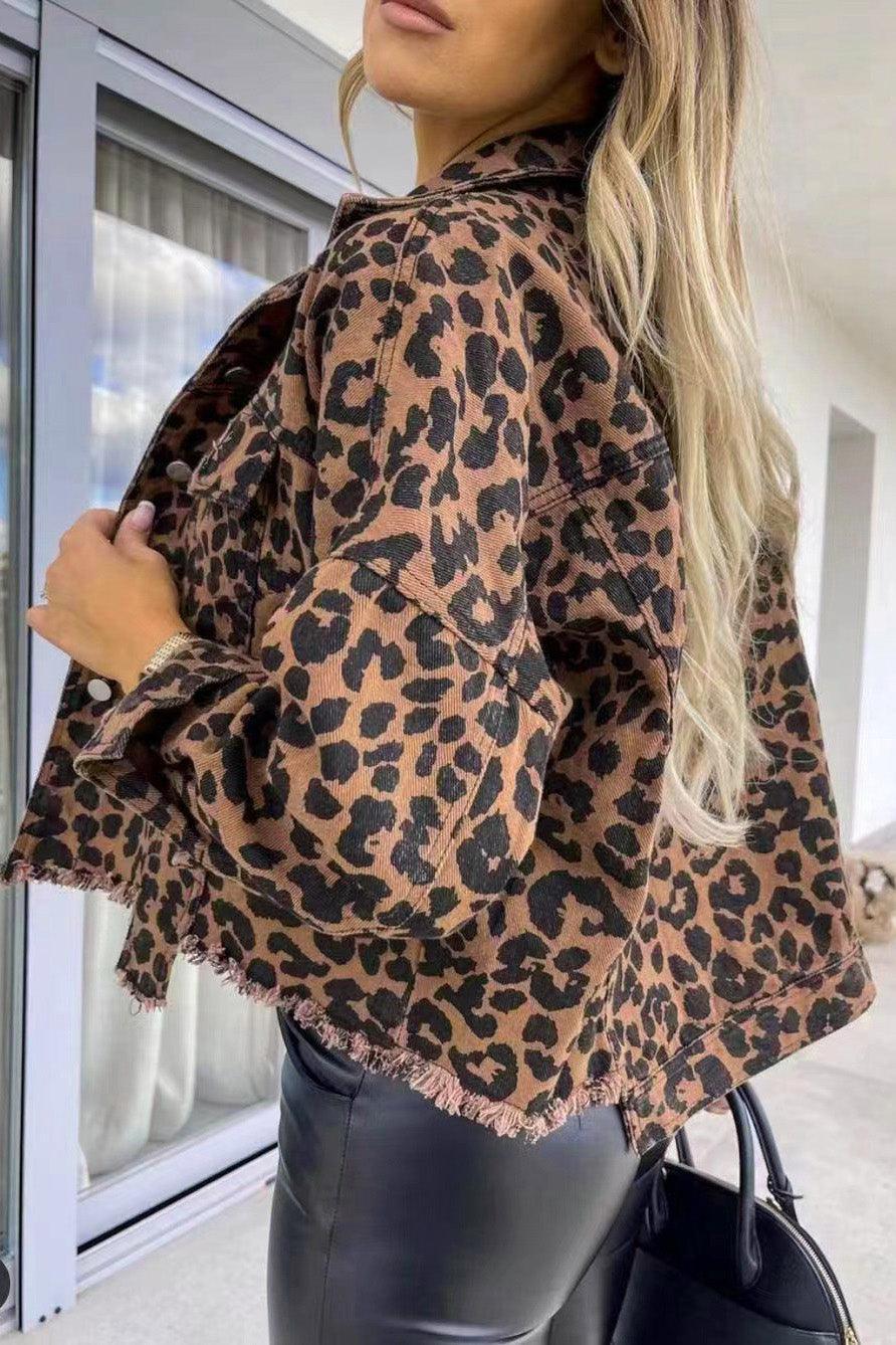 Leopard Raw Hem Denim Jacket Carauana Store