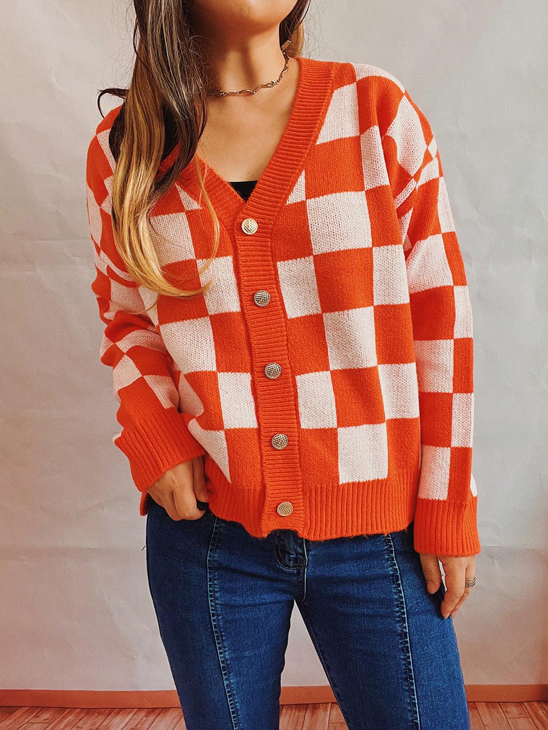 Checkered Open Front Button Up Cardigan Carauana Store