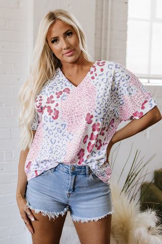 Pink Mixed Leopard Print V Neck Short Sleeve Blouse
