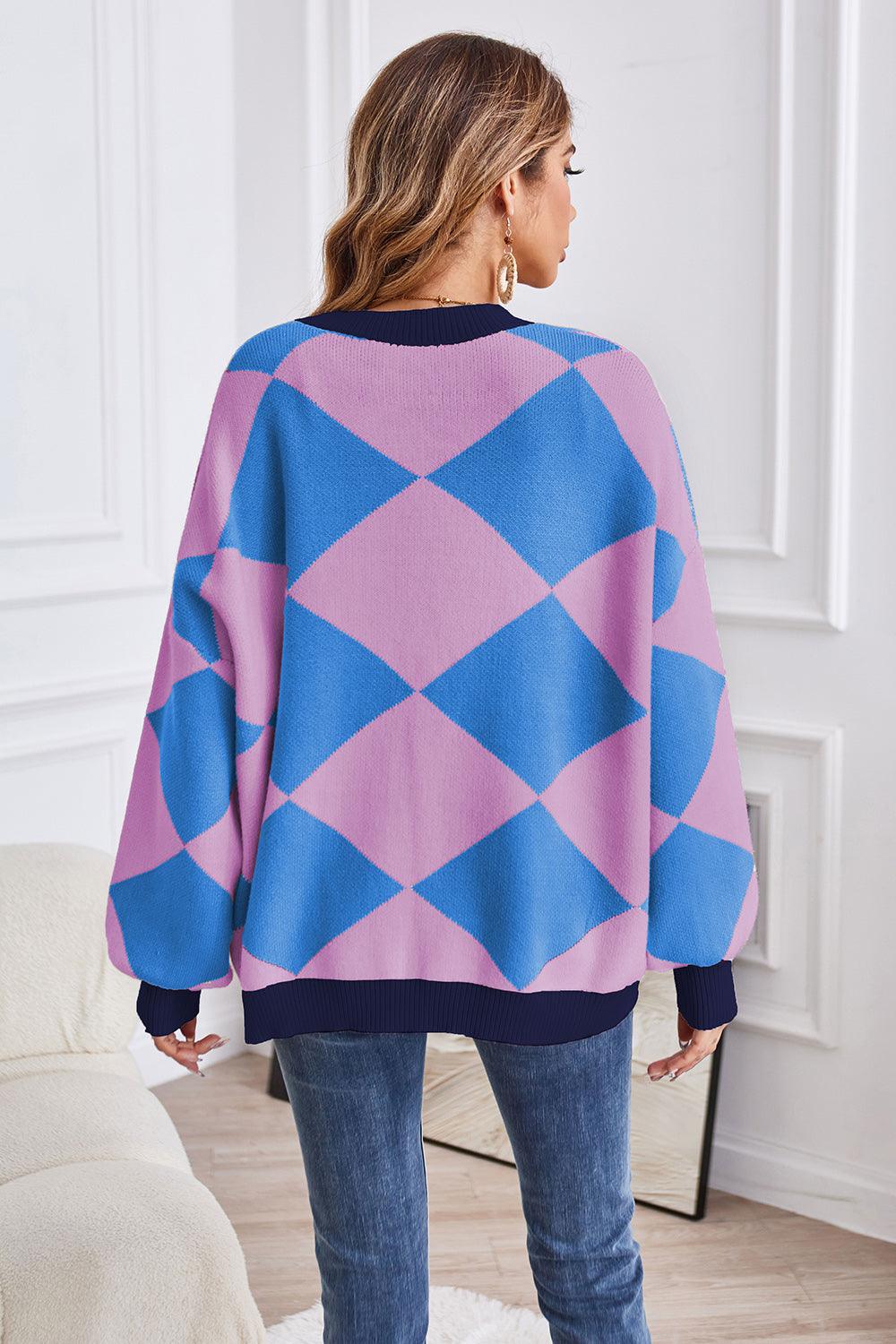 Geometric Lantern Sleeve Cardigan with Pockets Carauana Store