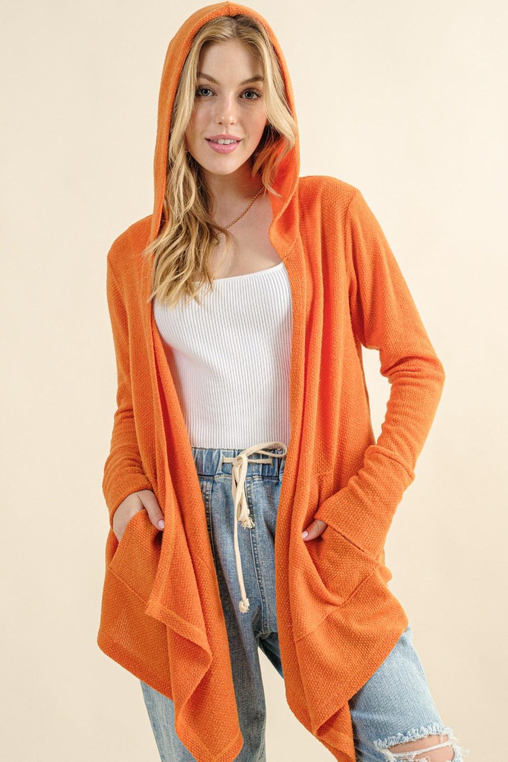 And The Why Full Size Thermal Hooded Open Front Cardigan with Pockets Carauana Store