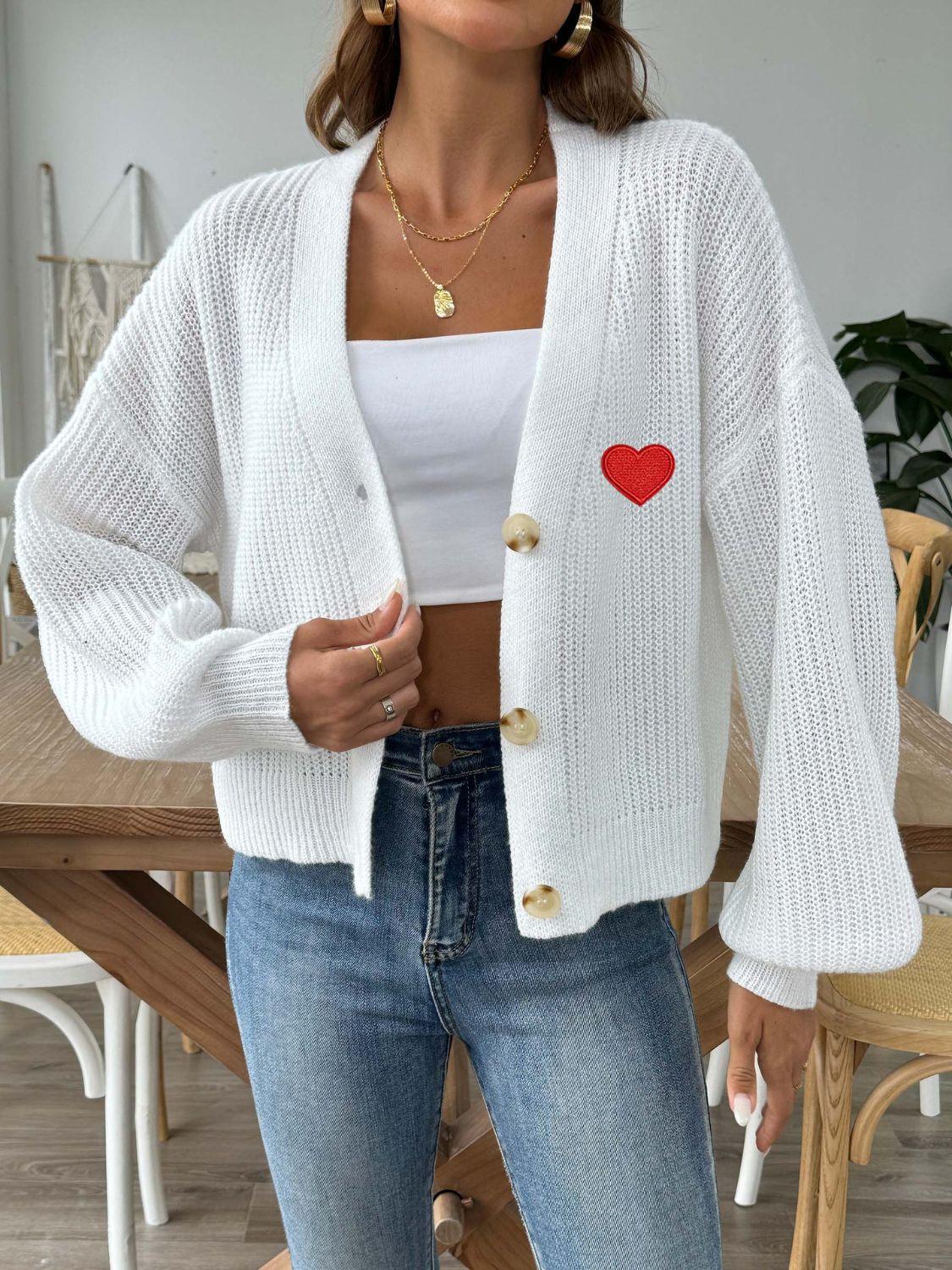 Heart Button Down V-Neck Long Sleeve Cardigan Carauana Store