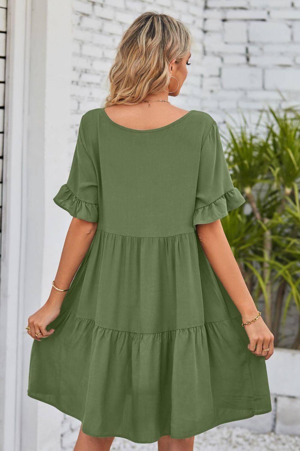 V-Neck Flounce Sleeve Tiered Dress Carauana Store