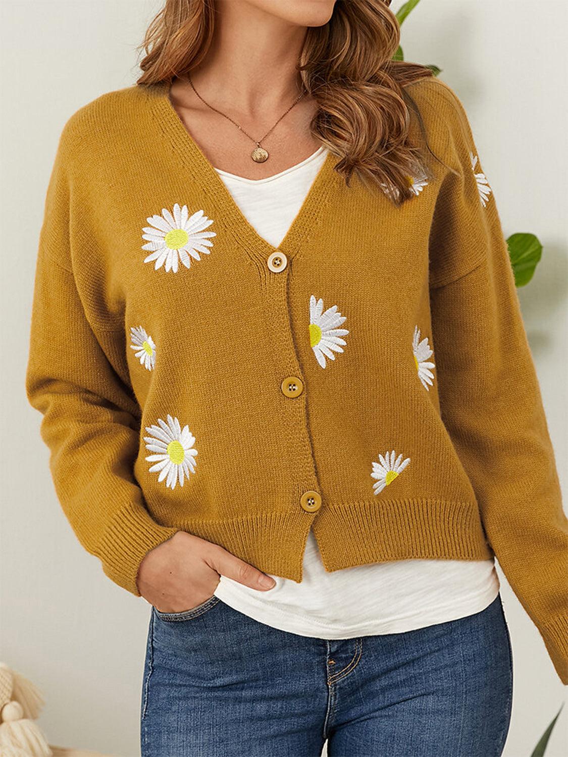 Flower Button Front Dropped Shoulder Cardigan Carauana Store