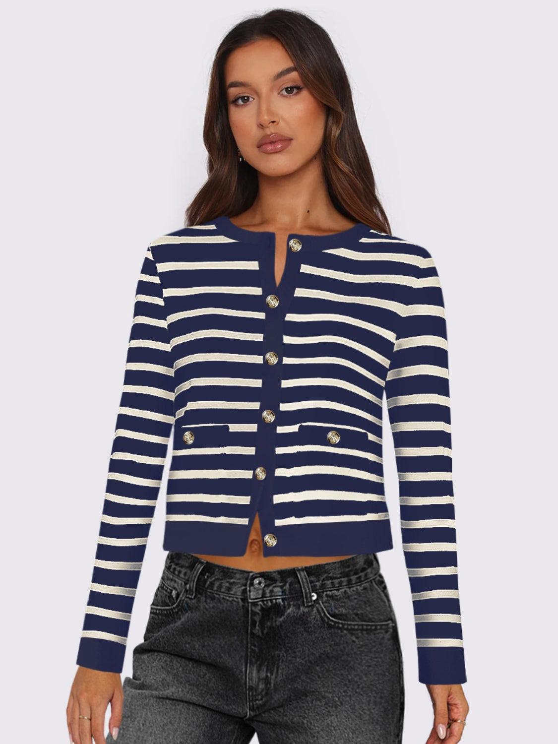 Striped Round Neck Button Up Long Sleeve Cardigan Carauana Store