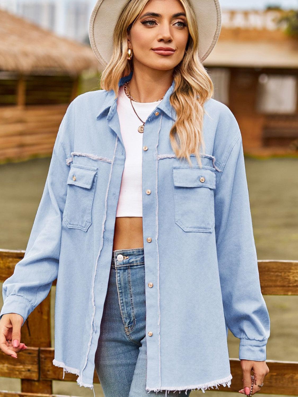 Button Up Collared Neck Raw Hem Denim Top Carauana Store