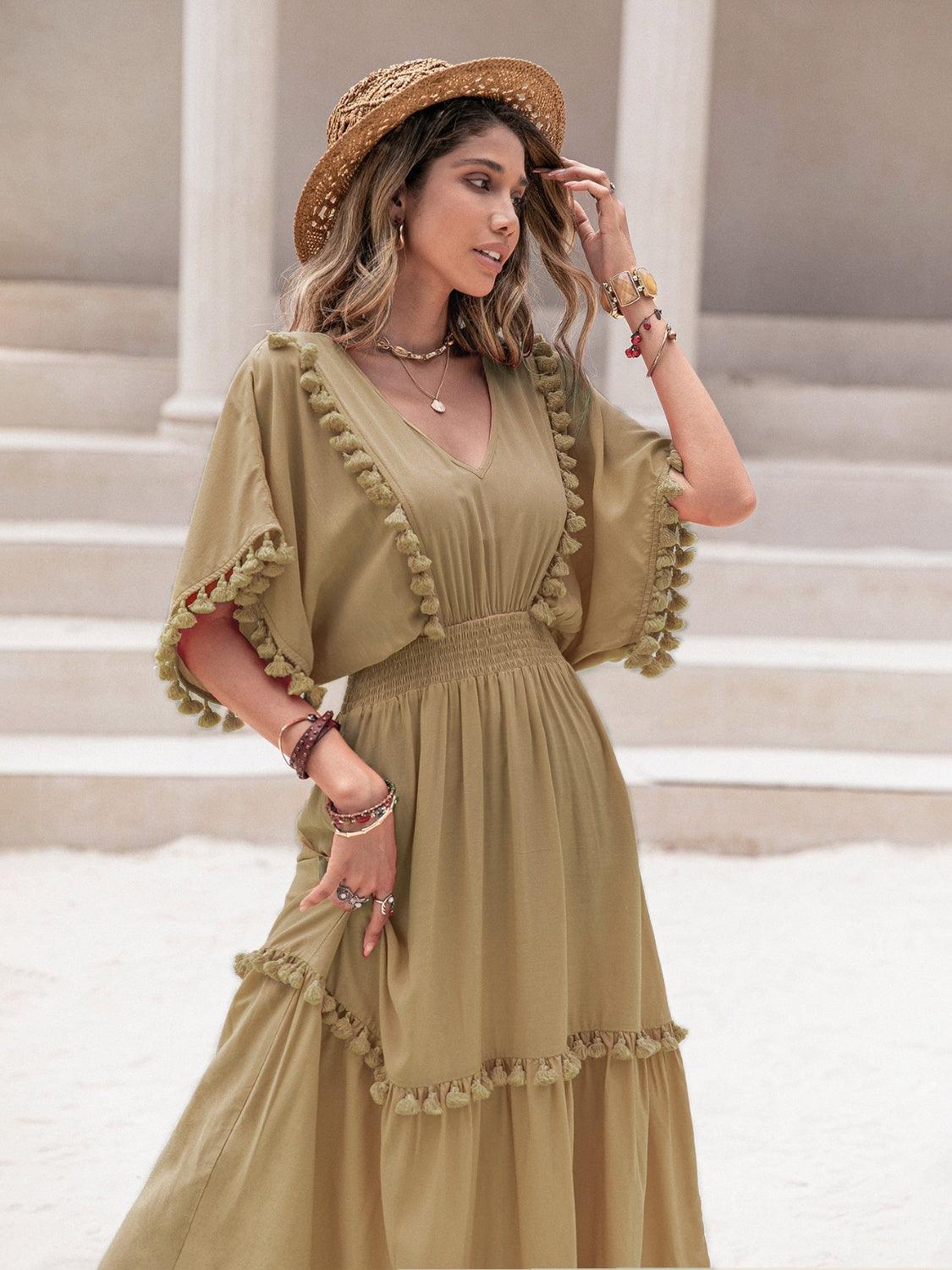 Tassel Trim Smocked V-Neck Short Sleeve Dress Carauana Store