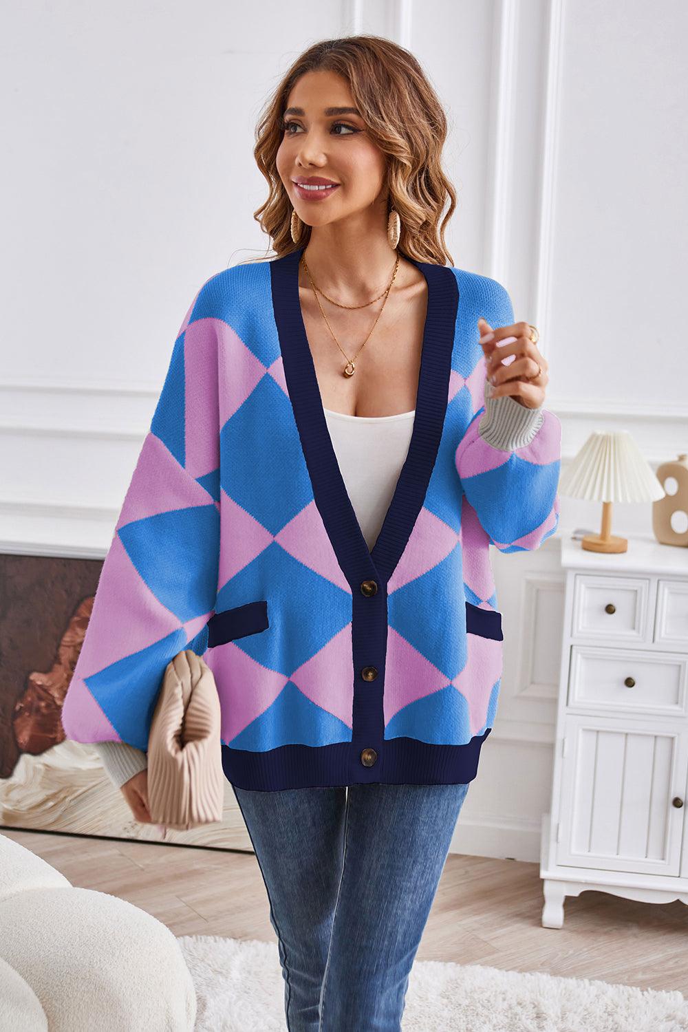 Geometric Lantern Sleeve Cardigan with Pockets Carauana Store