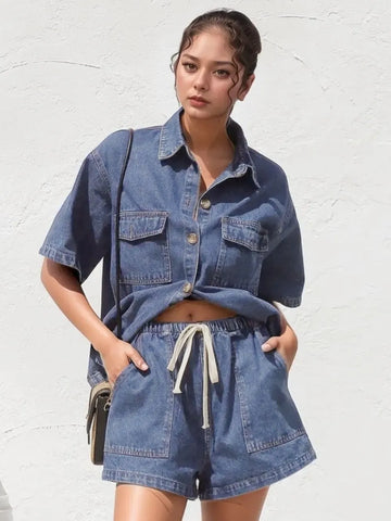 Collared Neck Button Up Top and Shorts Denim Set