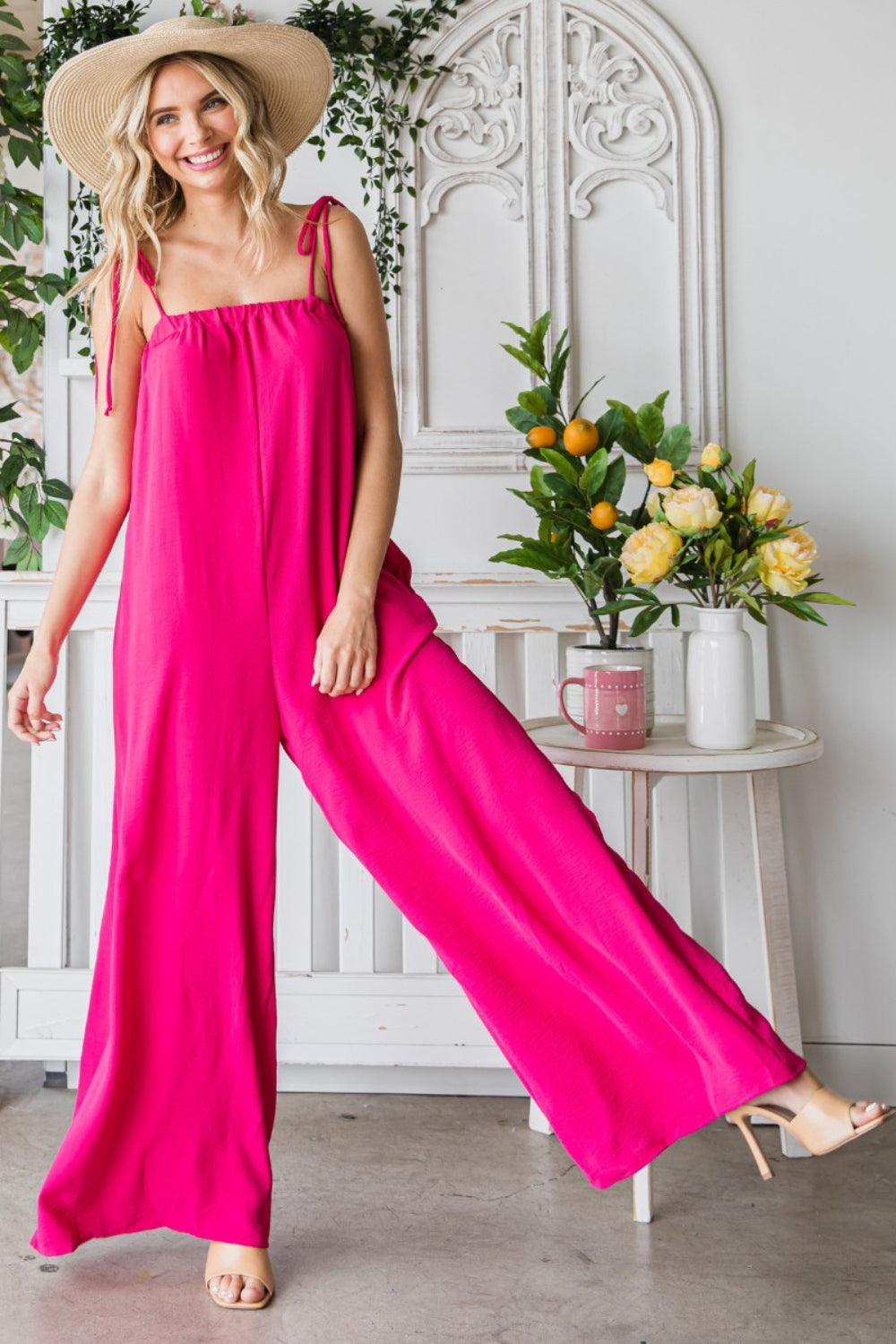 Veveret Pocketed Spaghetti Strap Wide Leg Jumpsuit Carauana Store