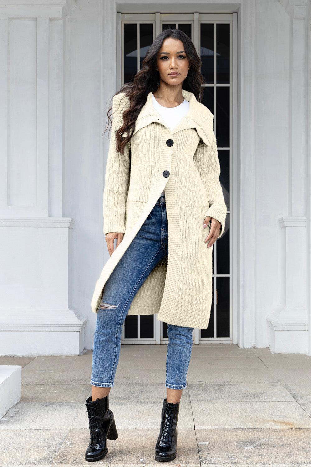 Pocketed Button Up Collared Neck Cardigan Carauana Store