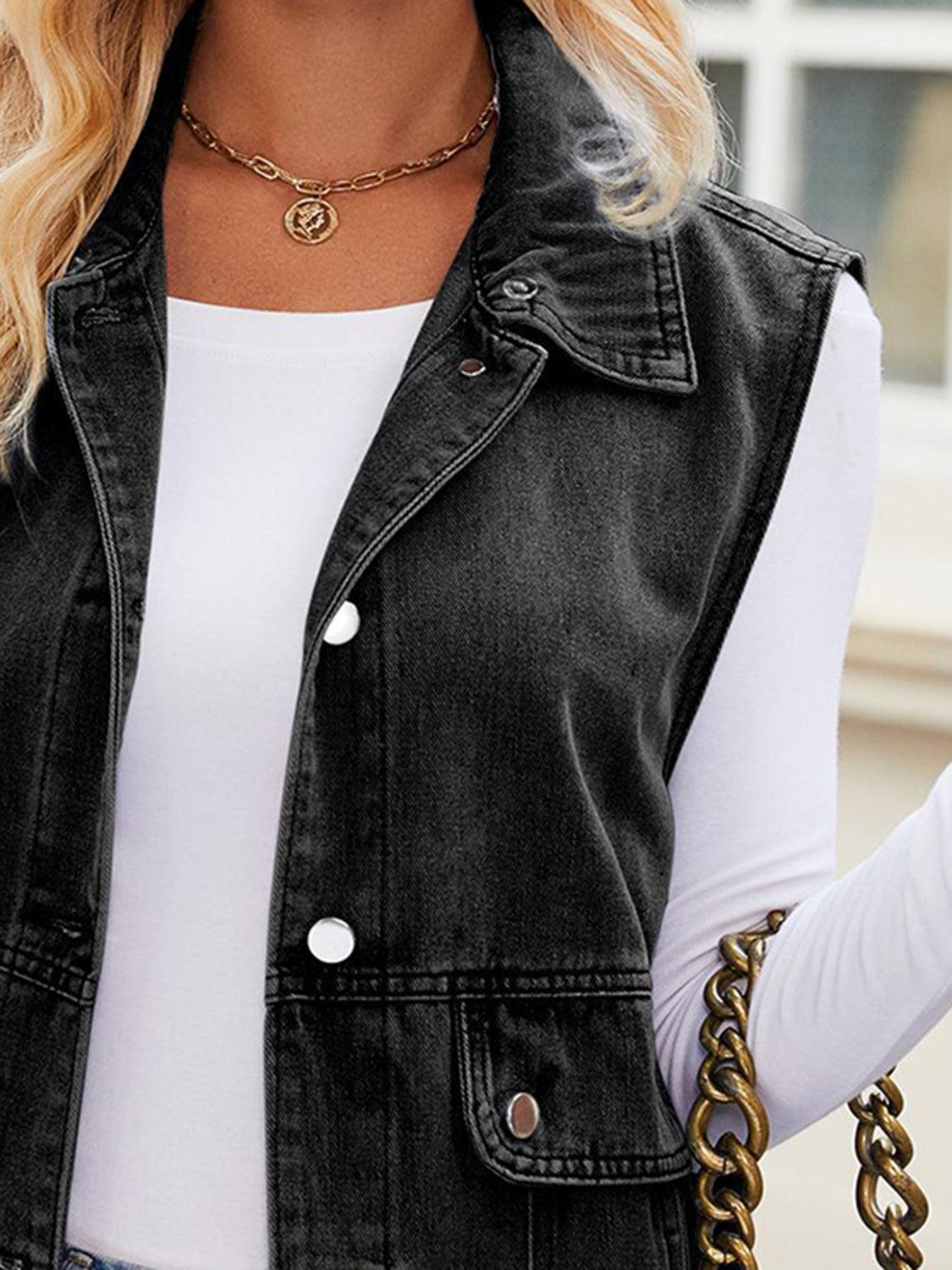 Button Up Collared Neck Denim Jacket with Pockets Carauana Store