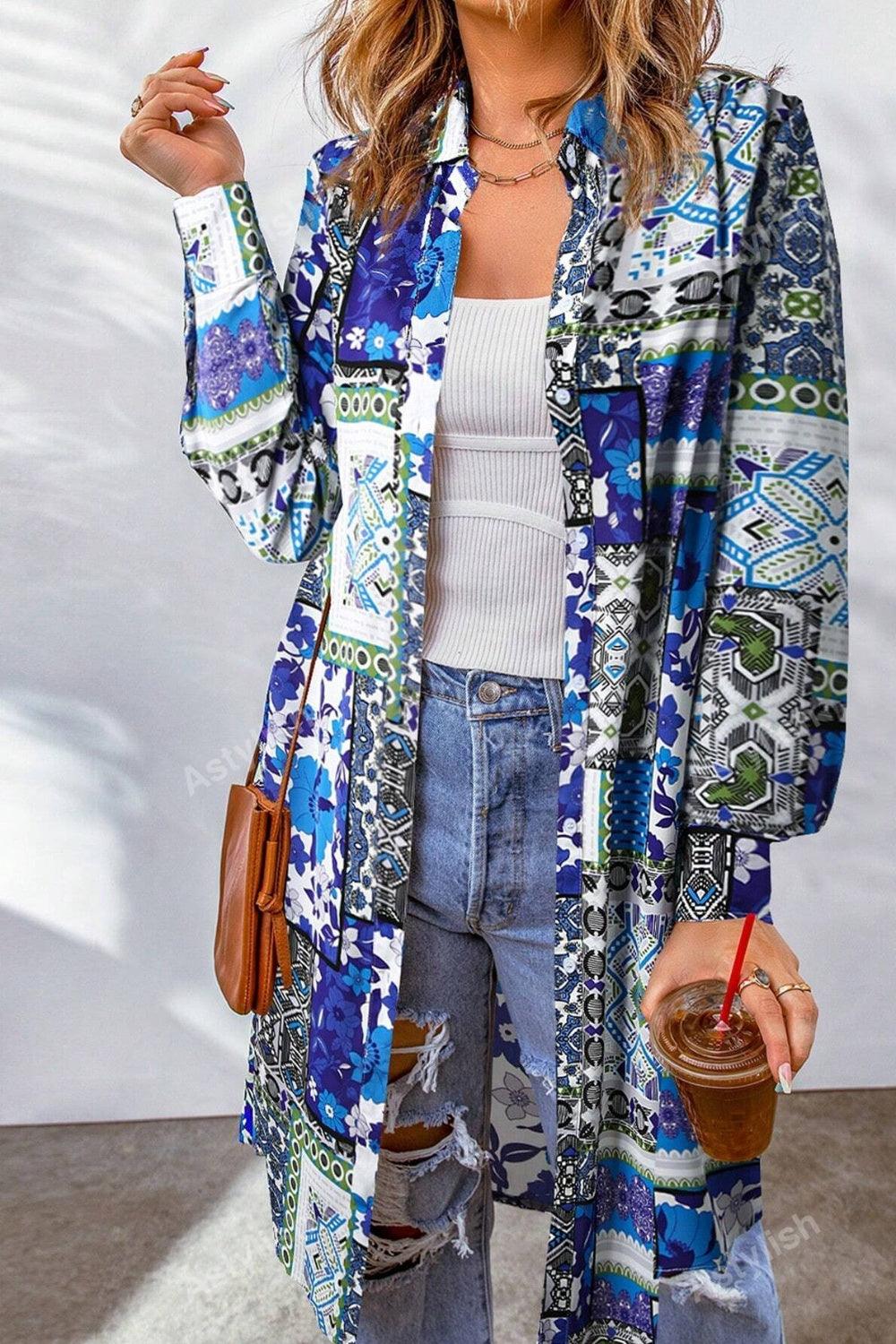 Printed Button Up Long Sleeve Cardigan Carauana Store