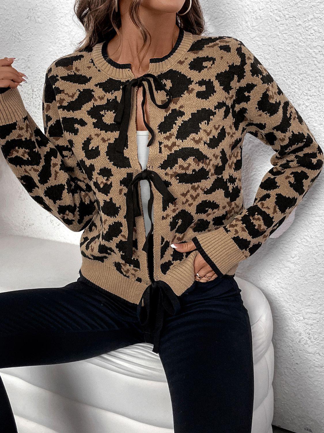 Perfee Tied Leopard Long Sleeve Cardigan Carauana Store