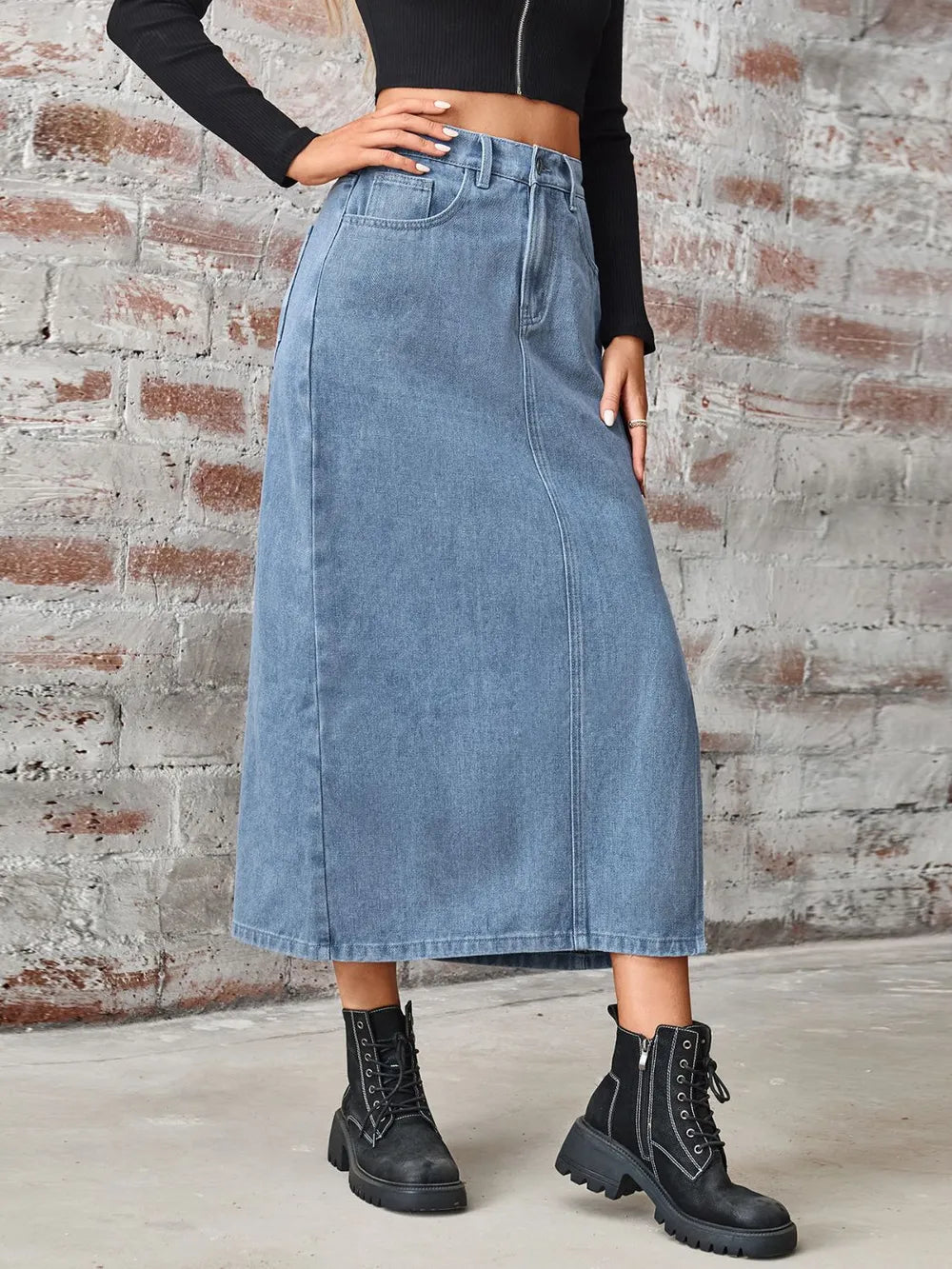 Slit High Waist Denim Skirt with Pockets Carauana Store