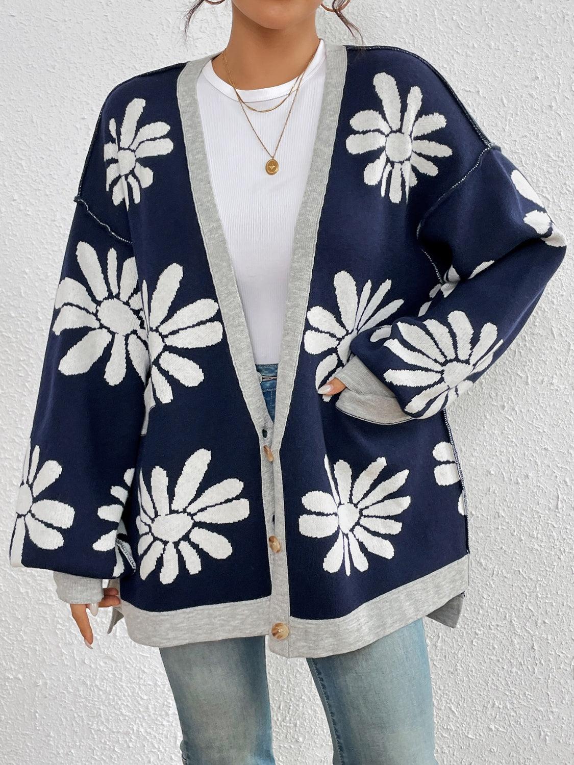 Contrast Dropped Shoulder Long Sleeve Cardigan Carauana Store