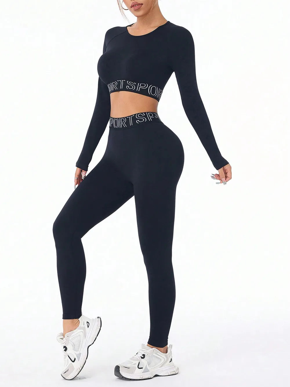Letter Print Round Neck Long Sleeve Top and Leggings Active Set Carauana Store