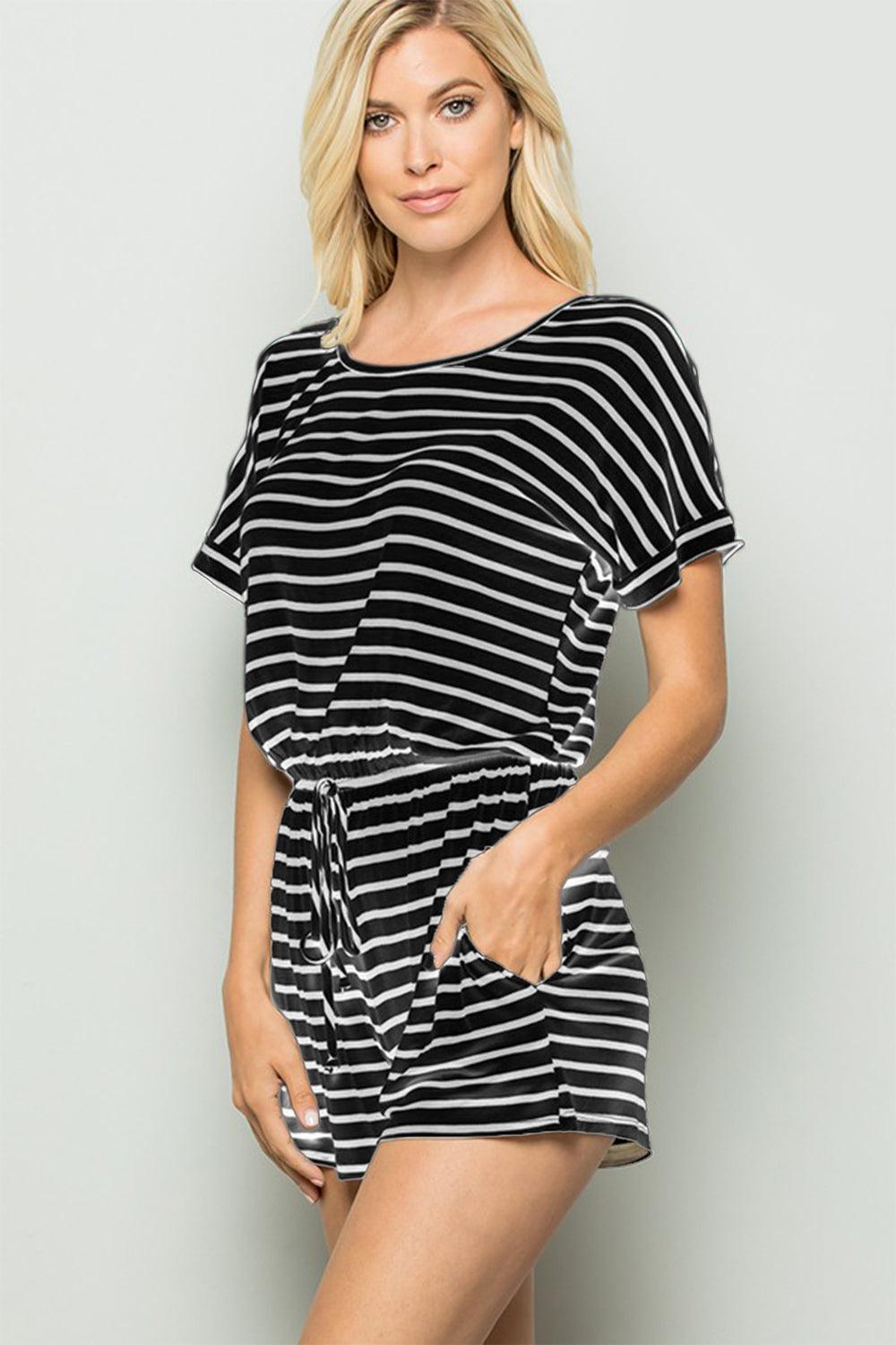 Heimish Full Size Striped Round Neck Short Sleeve Romper Carauana Store