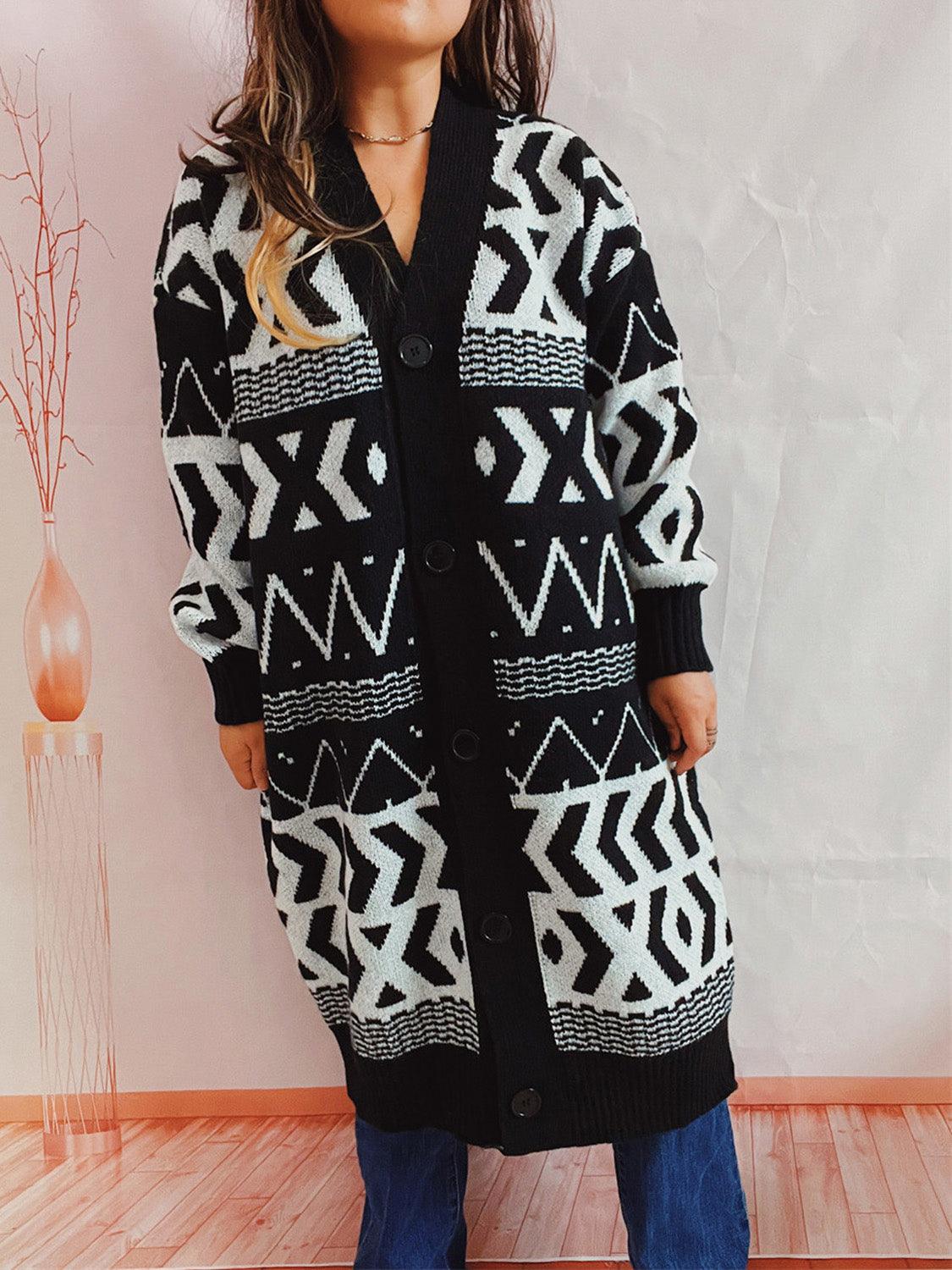 Geometric Button Front Longline Cardigan Carauana Store